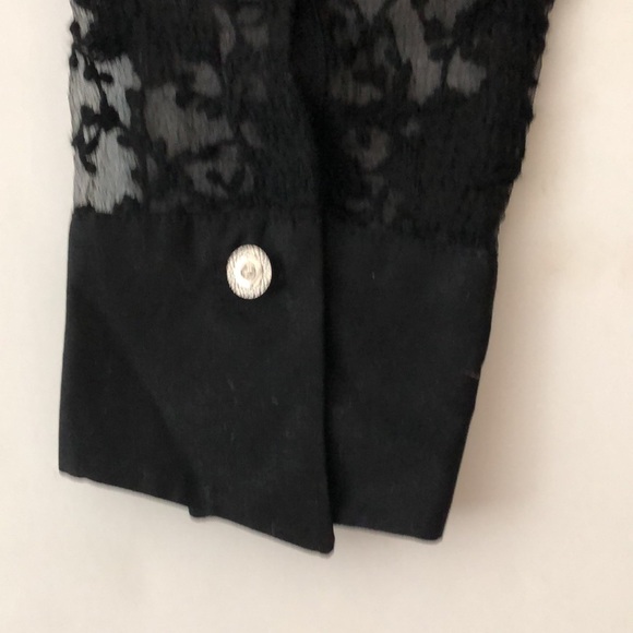 Black Shirt L Lace Long Sleeve & back Fitted Silver Rhinestone Buttons Excellent - Picture 9 of 12